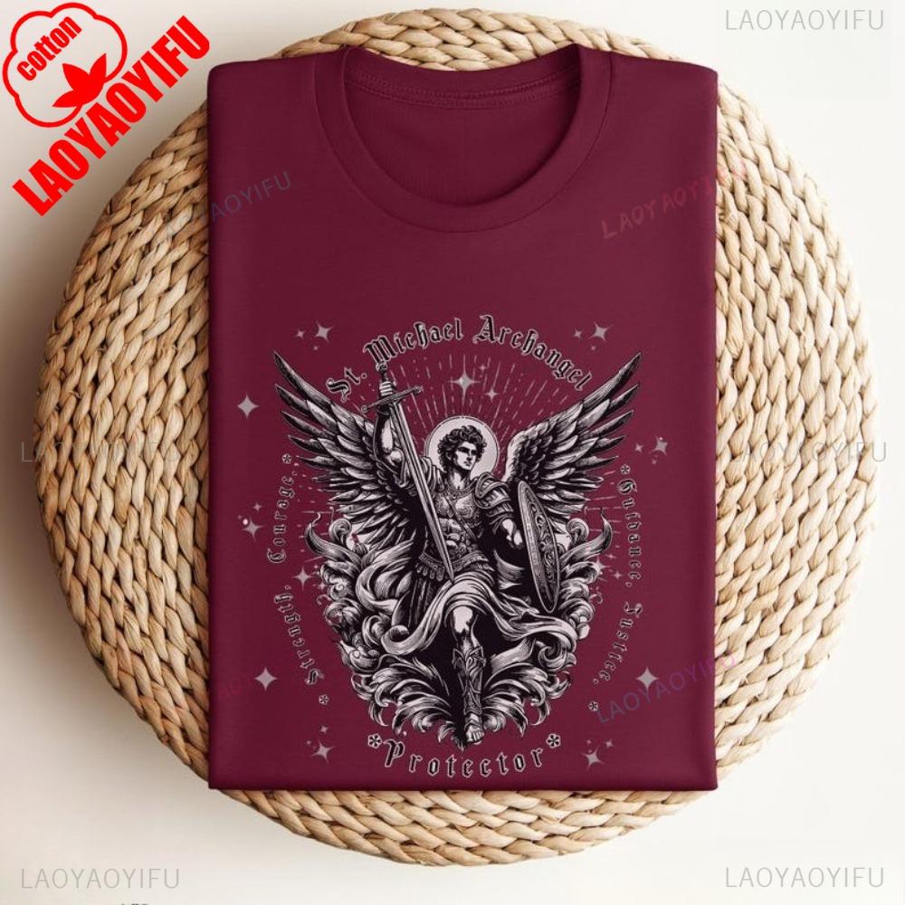 St Michael Archangel Tshirt Catholic Vintage ClipArt Gifts Shirt Retro Church Clothing Devotional  Men Women Cotton Tee Tops
