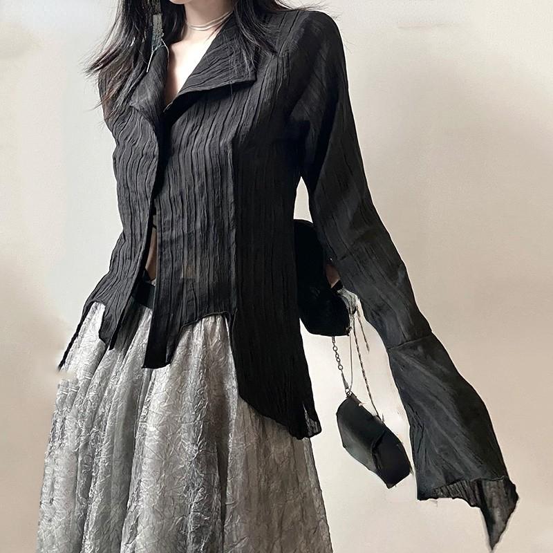 Karrram Gothic Black Shirt Dark Aesthetic Blouse Women Irregular Designer Clothes Emo Alt Clothes Grunge Tops Y2k
