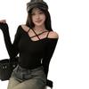 Women's Off-Shoulder Cross Strap Long Sleeve Slimming Top