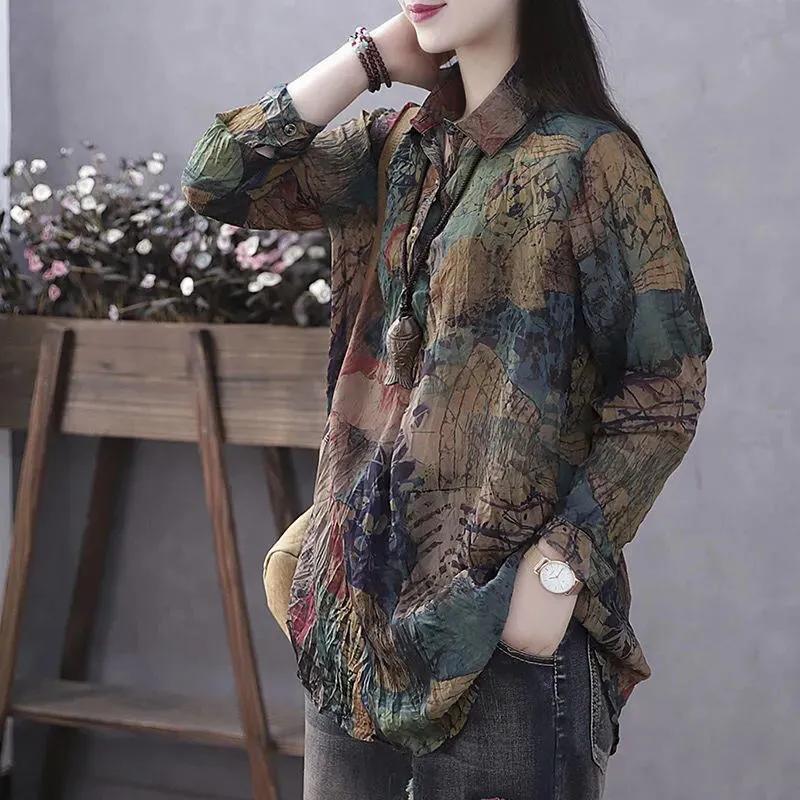 Women's Summer Literary Vintage Printed Thin Shirt Comfortable Casual Loose Top