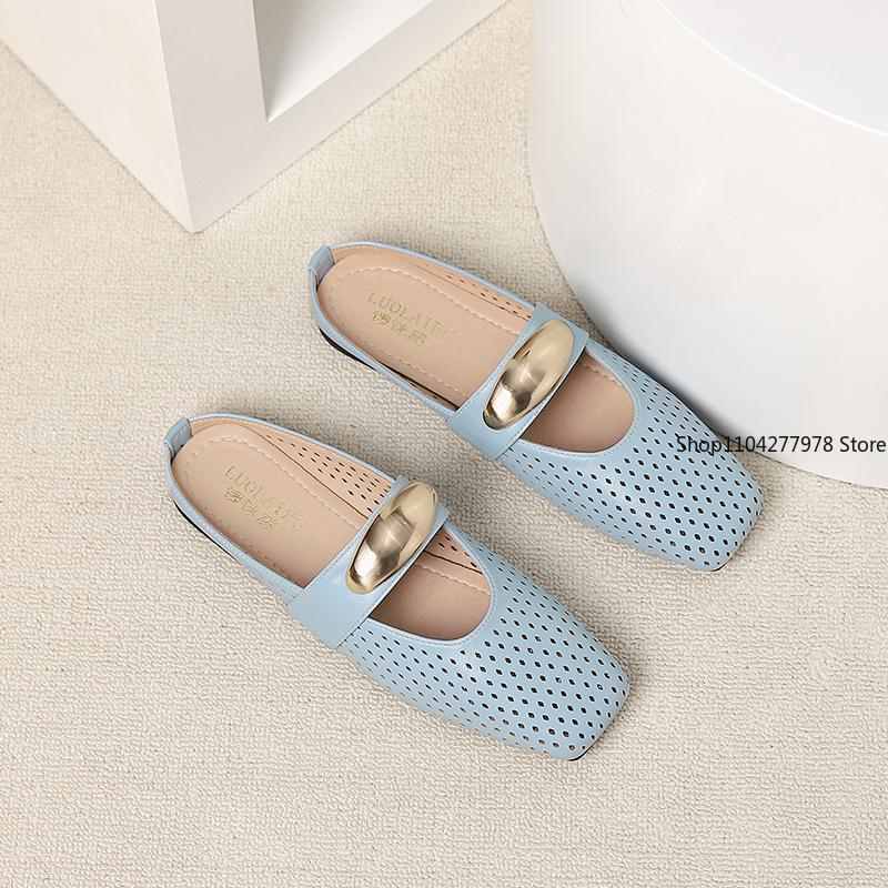 Fashion Spring New Flat Shoes 2025 Round Head Shallow Mouth Breathable Metal Buckle Soft Sole Non-slip Single Shoes Women's Hollow Mules