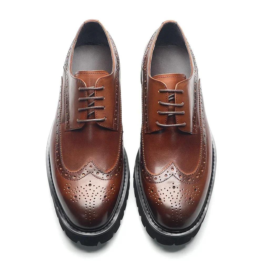 Pánské společenské boty Derby s měkkou masivní podrážkou, z pravé kůže, styl Brogue Wingtip Oxford, neformální business, boty pro zvýšení postavy, moderní muž
