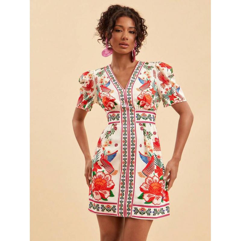European summer beach seaside vacation wind hot belt printed bubble sleeves waist V-neck dress S