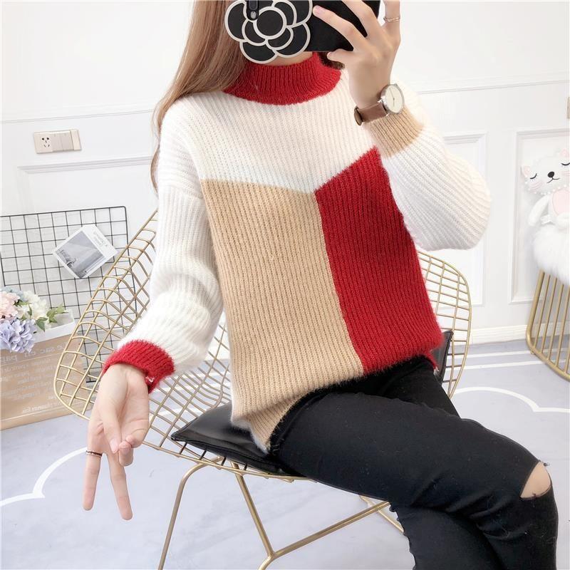 Fall/Winter Women's Color-Blocked Sweaters Loose Pullover Knitwear Half-Turtleneck Stretch Knit Sweater Jumper