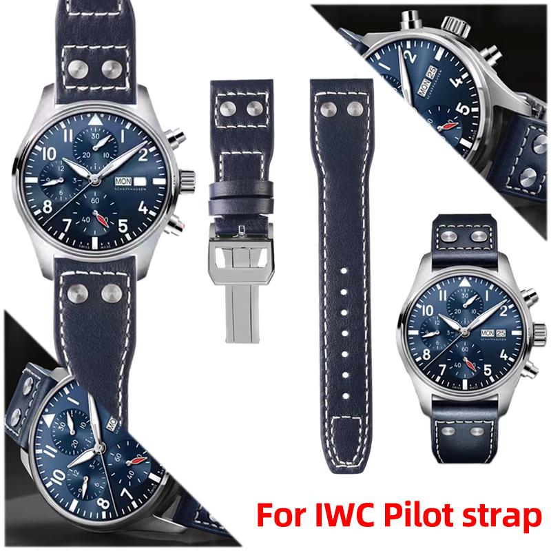 21mm 22mm Genuine Leather Watch Band For Iwc Big Pilot Flamethrower Little Prince Mark 18 Strap Willow Nail Bracelet Blue Black