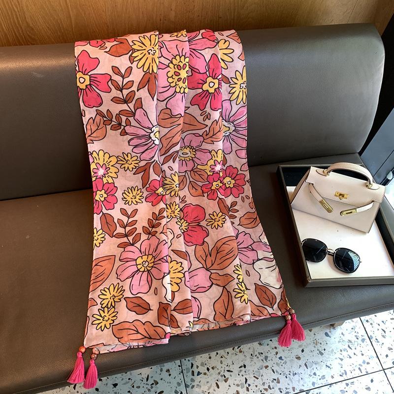 Summer Yunnan Tourism Ethnic Style Sunscreen Photo Silk Scarf Women'S Cotton And Linen Scarf Fashion Tassel Hanging Spike Thin Shawl