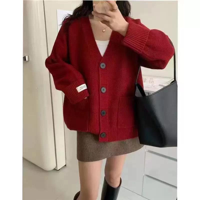 Large Solid Color V-neck Cardigan Autumn/winter Korean Loose and Versatile Casual Slimming Sweater Women's Top