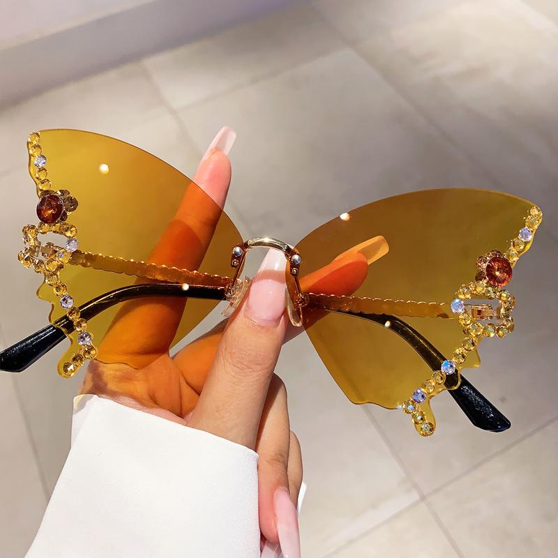 Rimless Butterfly Sunglasses with Rhinestones  New Gradient Multicolor Women Shades Trendy Oversized Party Eyewear