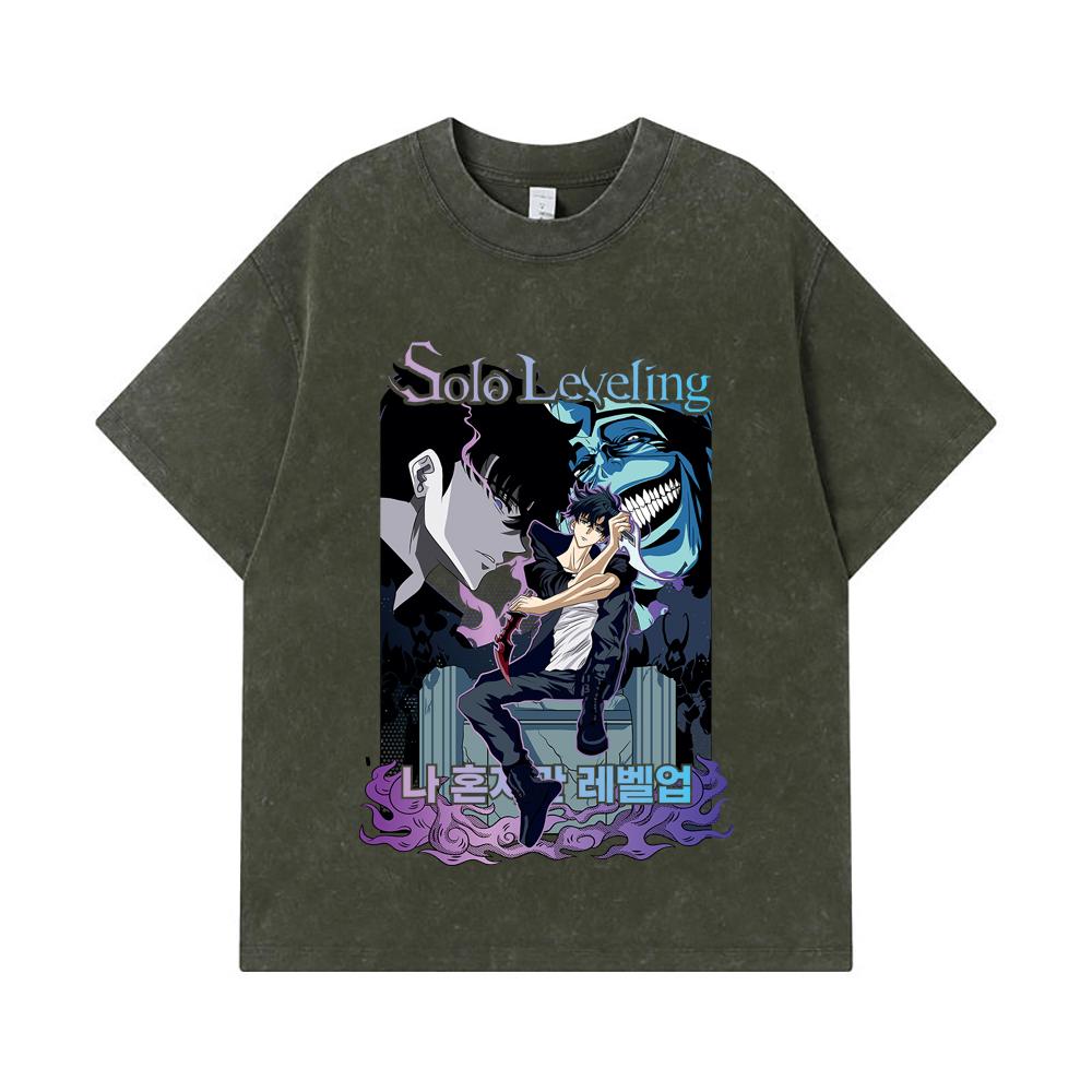 275 GSM Washed T-shirts 100% Cotton Solo Leveling V6 Print Unisex Heavy Cotton T Shirt S