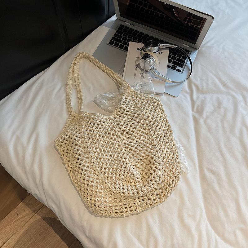 Yogodlns Women Crochet Tote Bag Fashion Knitted Large Capacity Woven Shoulder Bags Solid Color Simple Shopping Bag for Summer Beach