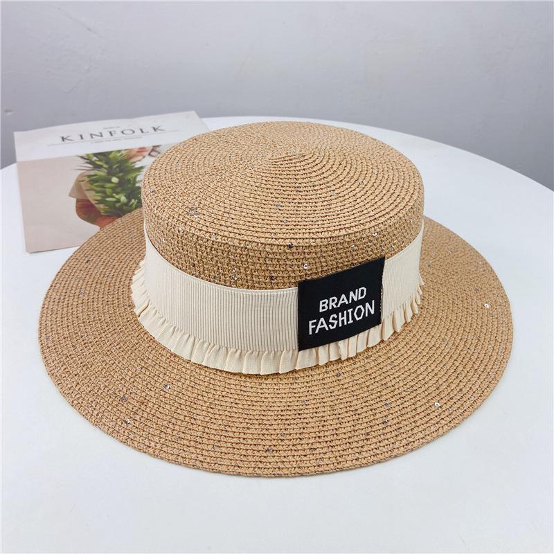 Ladies Summer Sun Protection Hat Women's Beach Hat Versatile Patch Straw Hat Flat Edge Straw Hat Letter Strap