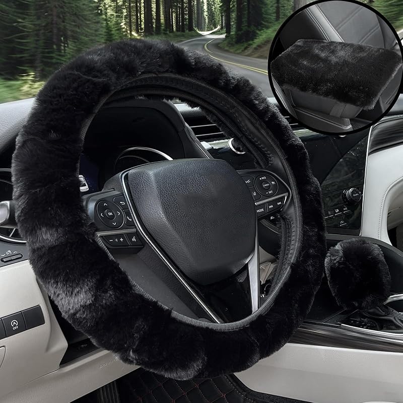 Furry Car Steering Wheel Cover, Fluffy Cover, Soft Warm Plush Non-Slip, 14 1/2-15 Inch, For Women Girls, Pink