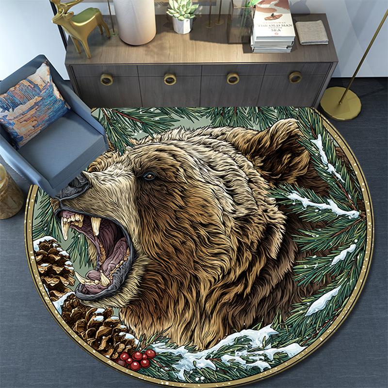 Grizzly Bear Round Area Rug,Carpet Rug for Living Room Bedroom Sofa Playroom Decor,Non-slip Floor Mat