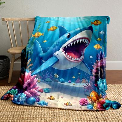 Cartoon Shark Underwater Adventure Patterned Blanket, Flannel, Suitable for All Seasons, Home Decor, Warm and Cozy