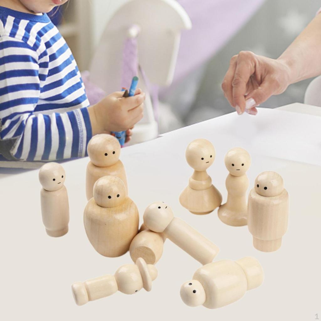 10Pcs Wooden Peg Dolls People Art Projects Miniature Montessori Toys with Painted Eyes