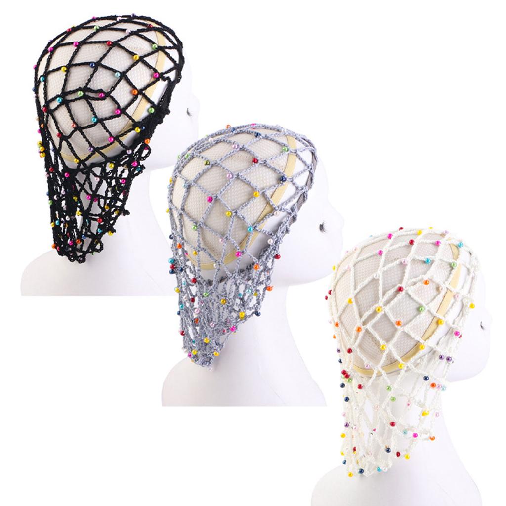 Mesh Hair Net Polyester Knit Snoods Crocheted Sleep Cap with Faux Pearls Decoration Fashionable Head Cover for Women