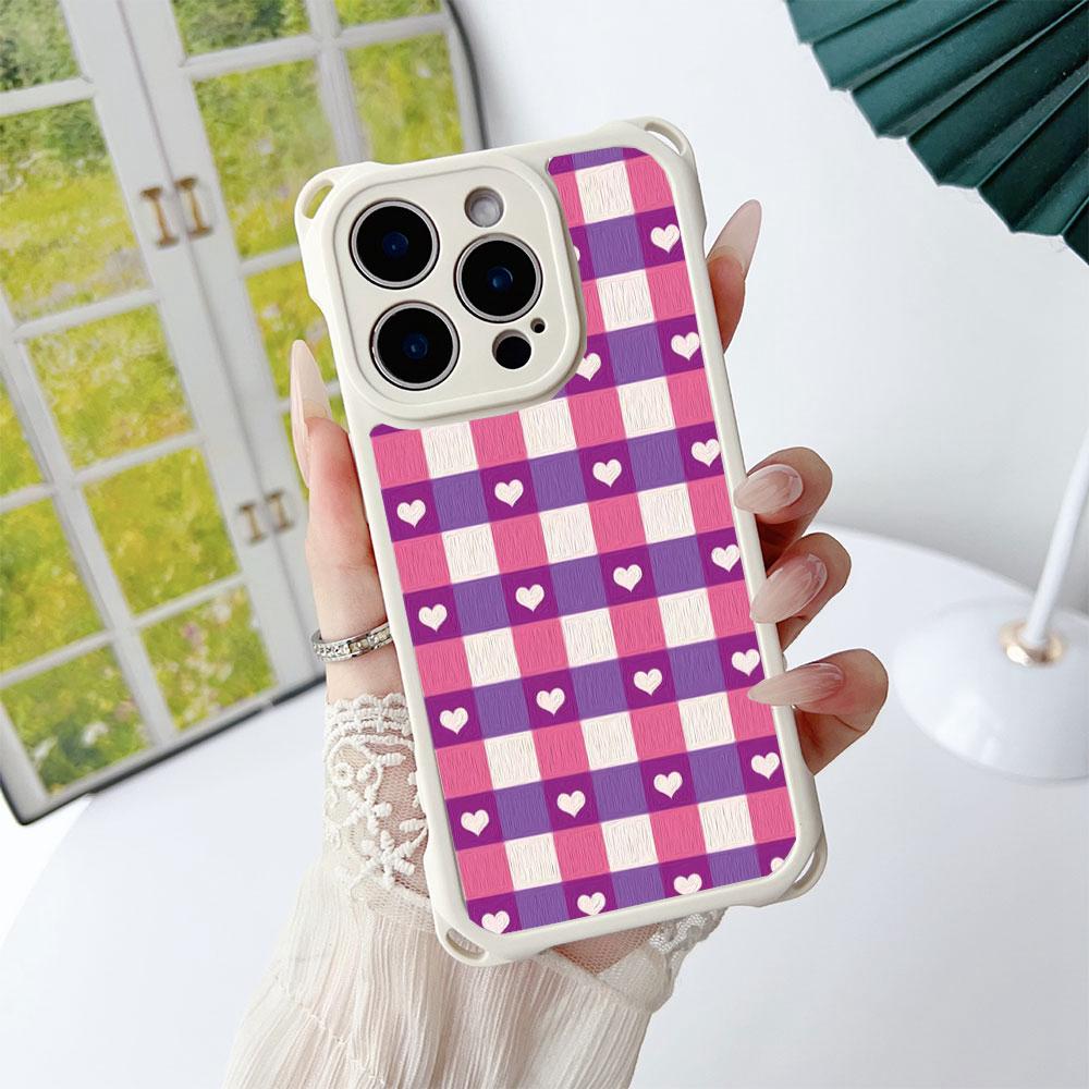 Cute Heart Colorful Grid Pattern TPU For Iphone 17 16 15 14 12 Phone Case Four Corner Anti Fall Protection Portable Hanging Rope