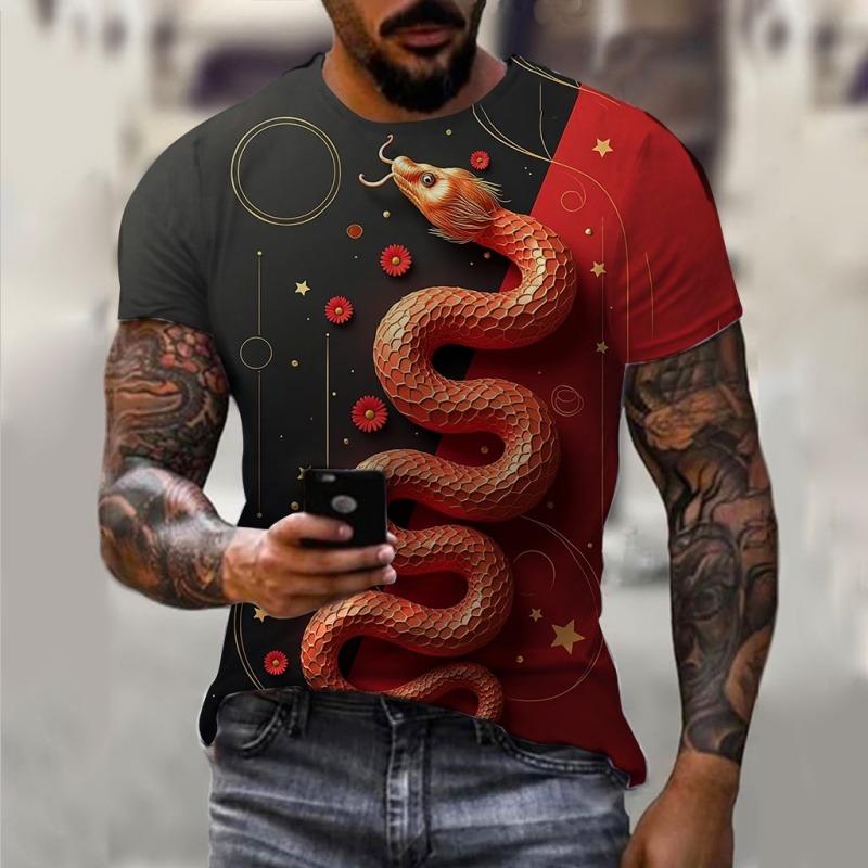Year Of The Snake Pattern T Shirt For Men Cool Animal 3D Printed Short Sleeve Tops Summer Casual Round Neck Loose Tee Shirts