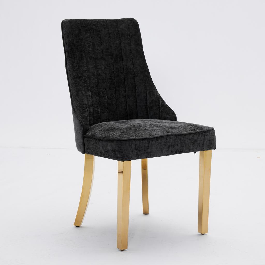 Chaises de salle à manger en tissu rayonne flocké chenille, Chaise d'appoint rembourrée confortable avec pieds plaqués acier inoxydable doré, Lot de 2 (Noir), DE1647BK