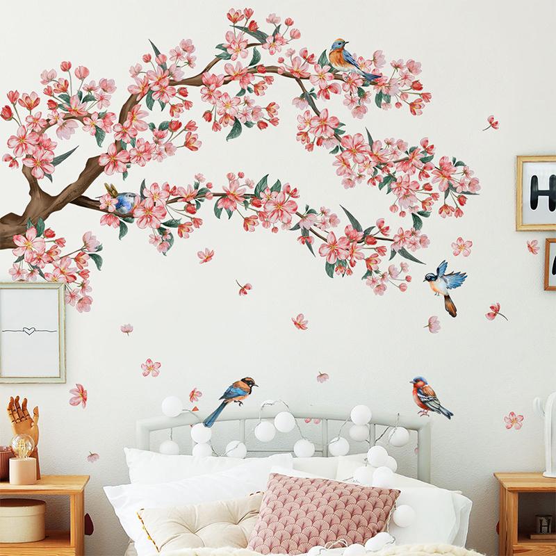 Kreativer Bunter Tuschemalerei Blumiger Pfirsichbaum Zweig Vogel Wandaufkleber Hintergrundwand Heimdekoration Selbstklebender Wandaufkleber