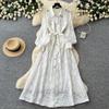 French Romantic Style Stand-up Collar, Lantern Sleeve, Lace Dress, Women's Summer Waist and Thin A-shaped Long Dress, Elegant Temperament