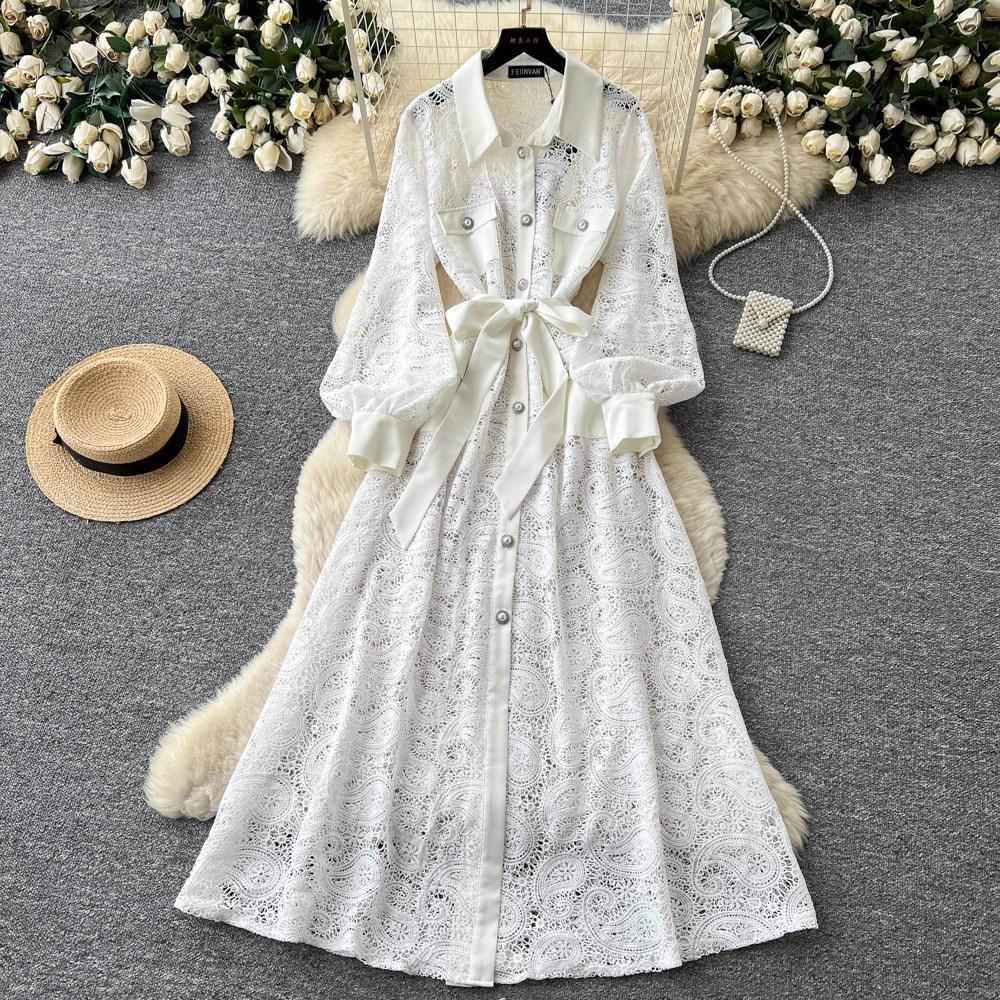 French Romantic Style Stand-up Collar, Lantern Sleeve, Lace Dress, Women's Summer Waist and Thin A-shaped Long Dress, Elegant Temperament