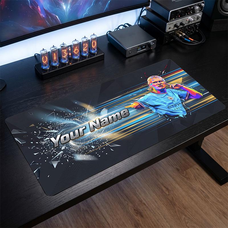 Erling Haaland Custom Large Mouse Pad, Personalized Name Text Print, Football Logo Non‑Slip Desk Mat Gaming Gift