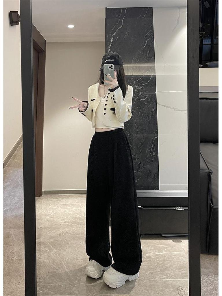 Women's 2024 Autumn/Winter Fleece-Lined Wide-Leg Striped Pants