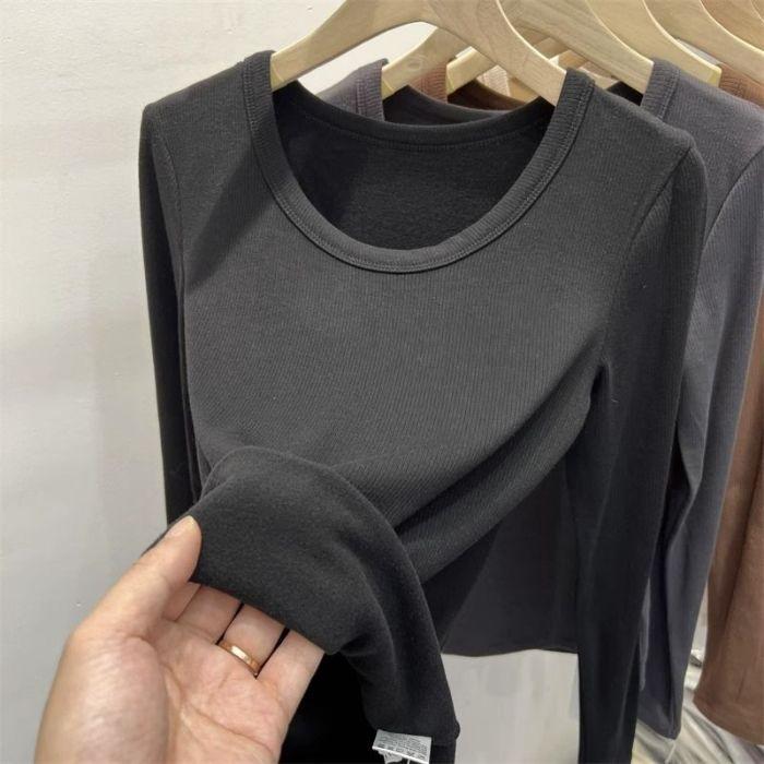 German velvet long-sleeved t-shirt for women's autumn slim-fitting and thin versatile thin velvet warm simple inner bottoming shirt top