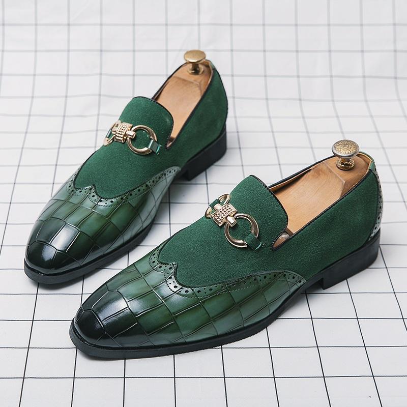 

Trendy Designer Men s Suede Mixed Patchwork Pointed Shoes Dress Evening Wedding Office Footwear Prom Sapato Social Masculino 38