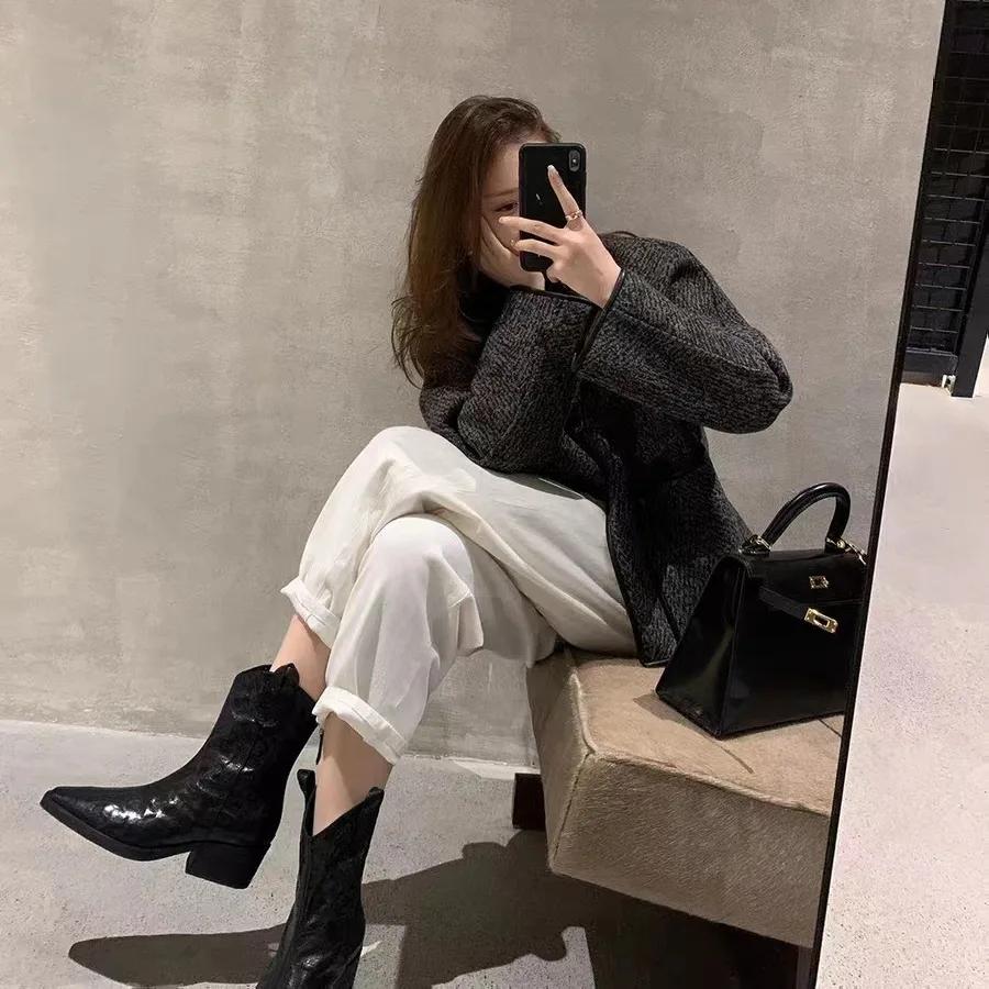 Ankle Boots Women Retro Pointed V Mouth Thick Heel Wrinkled Western Cowboy Boots Platform Shoes Women