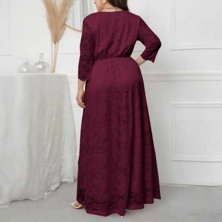 Plus Size Women Maxi Dress High Waist V Neck 3 4 Sleeve Long Dress Lace Flower Embroidery Wedding Vacation Dress
