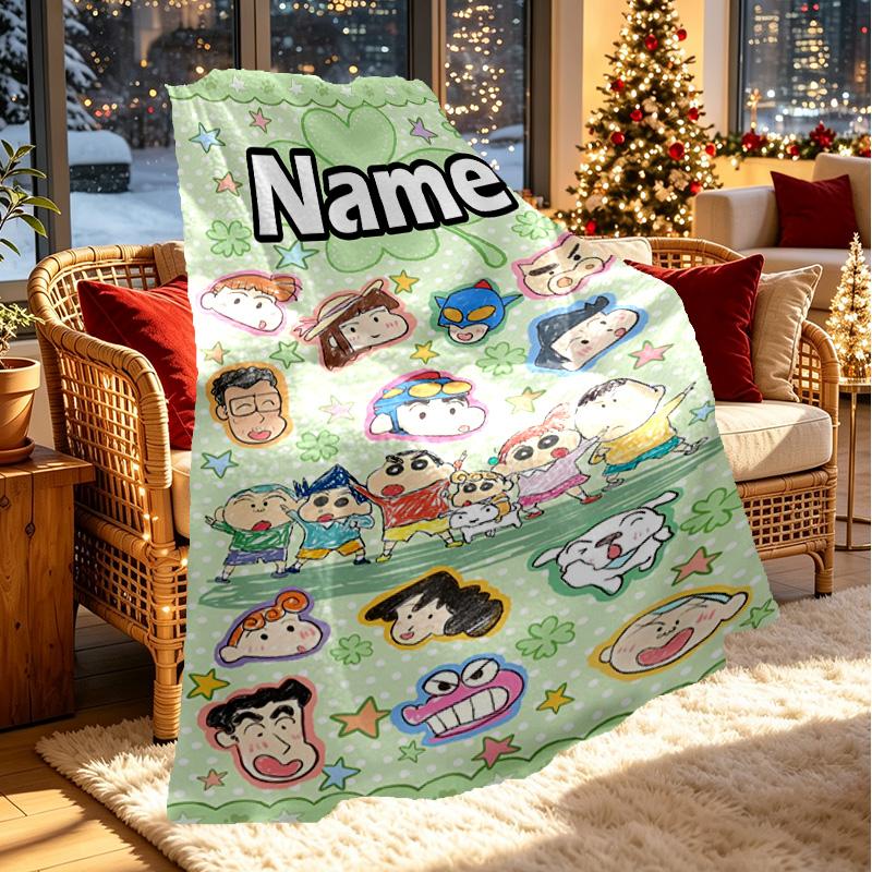 Custom Name Personalized Crayon Shin Print Blanket, Home Decor, Bedroom, Sofa, Camping, Couch, Gifts for Birthday ChristmasEnthusiasts