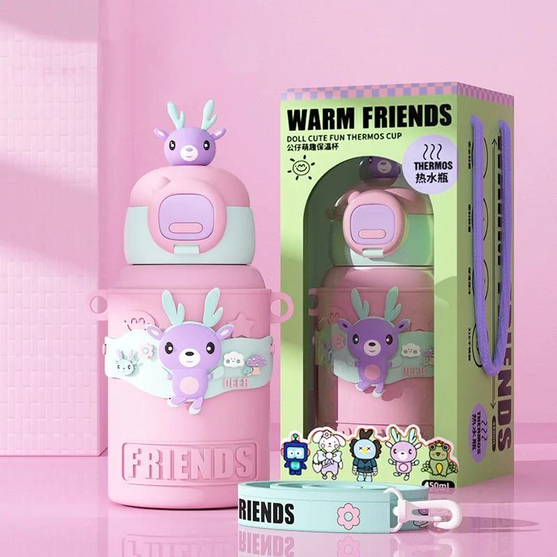 450ml Nerezová Izolovaná Láhev Kreslená Vakuová Termoska Hrnek pro Studenta Silikonový Obal Termoska Hrnek Láhev na Vodu Dětský dárek