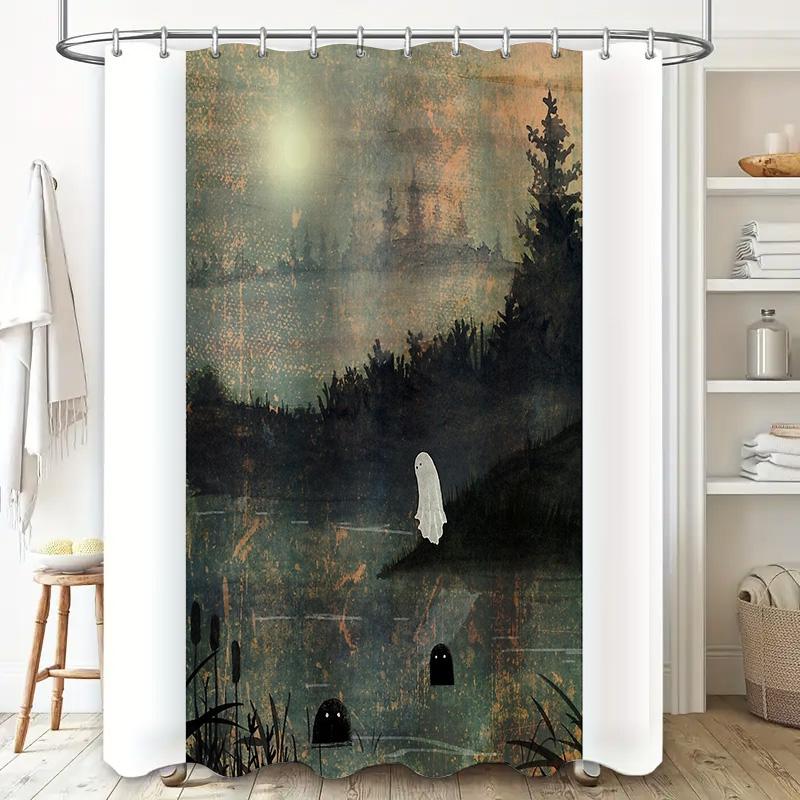 Spooky Ghost Halloween Shower Curtain Set Waterproof Bathroom Decor Eerie Forest Night Landscape Backdrop Vintage Gothic Home