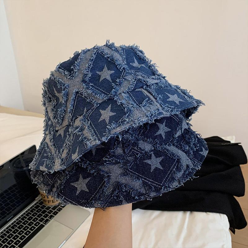 Rough Star Denim Bucket Hat Women's Blue Niche Design Sense Basin Hat Big Head Circumference Shows Face Small Bucket Hat Tide