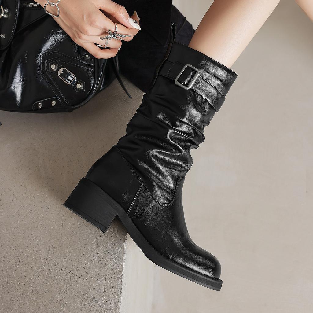 2025 Autumn/Winter Round Toe Thick Heel Pleated Pile Boots