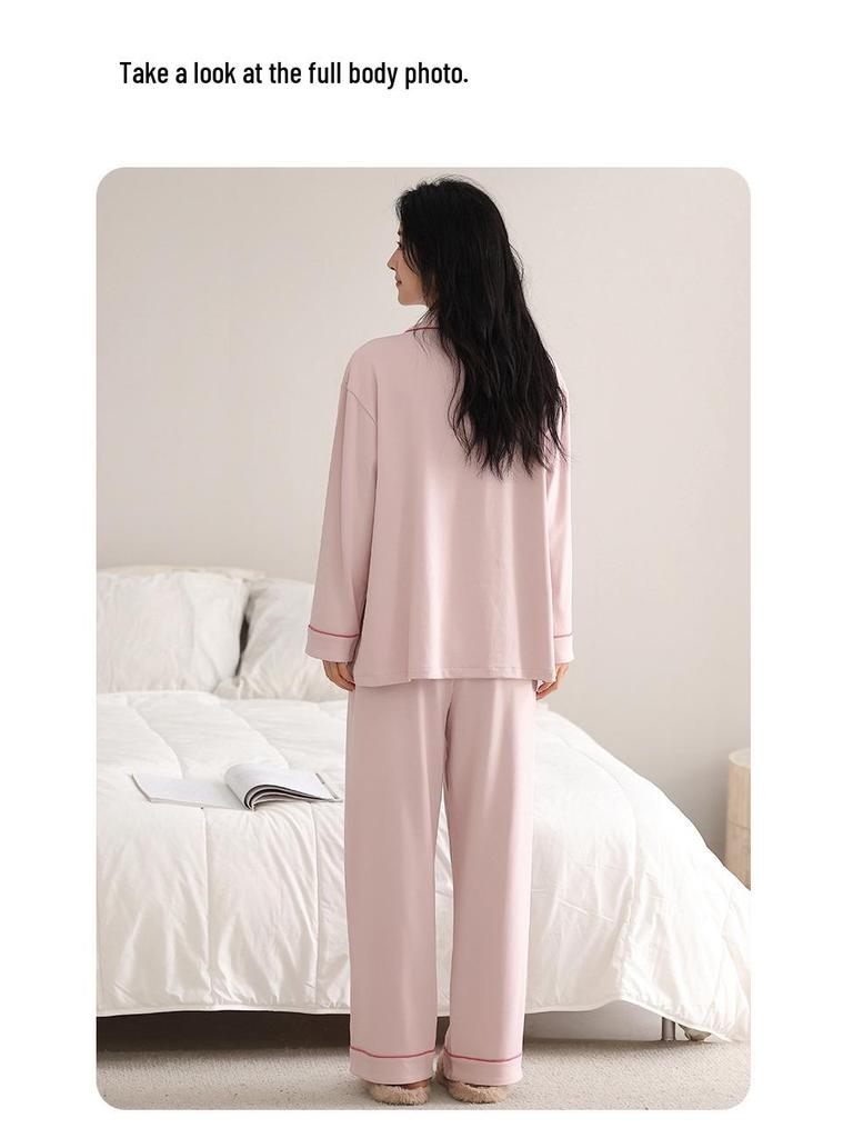 Women's Plus-Size Pure Cotton Long Sleeve Pajama Set with Breast Pads - High-End Spring/Autumn Home Wear