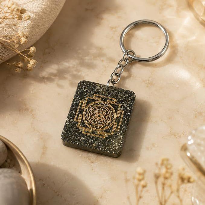 Shree Yantra Pyrite Keychain for Wealth and Prosperity Crystal Keychain
