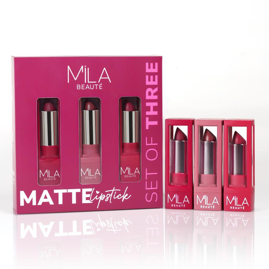 Mila Beaute Set Opaco di 3 Rossetti per Donna I Lunga Tenuta & Leggero I Pigmento Ricco I Scorre Lisciamente I Malva & Rosa