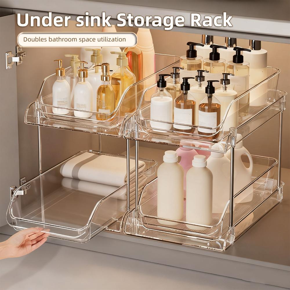 Transparent Under Sink Organizer 2 Tier CD Holder Stand Pull Out Storage Shelf Under Sink Area