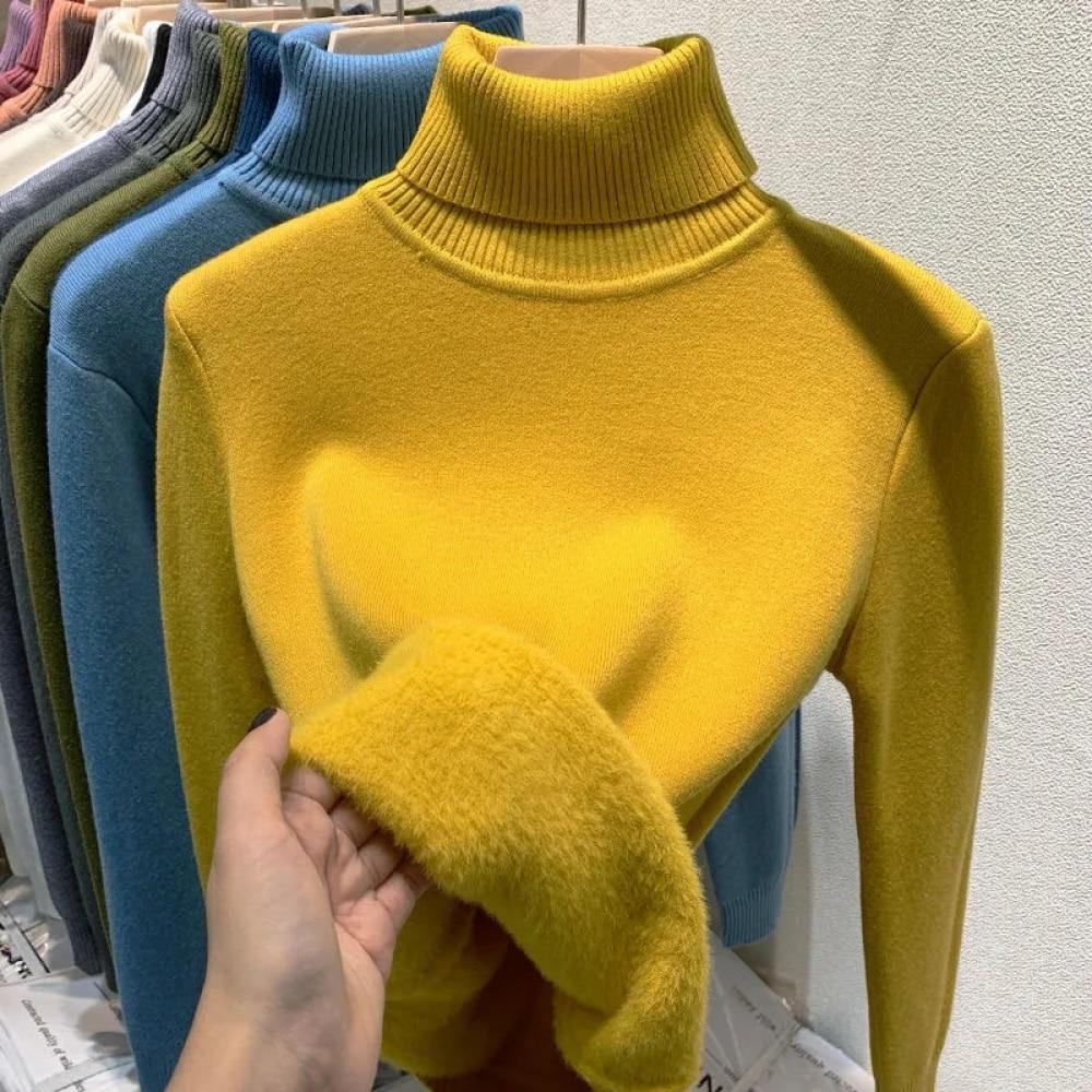 Winter Vintage Warm Thicken Sweater Women Korean Fashion Elegant Knitted Bottoming Shirt Female Solid Knitwear Casual Slim Tops 2026 New