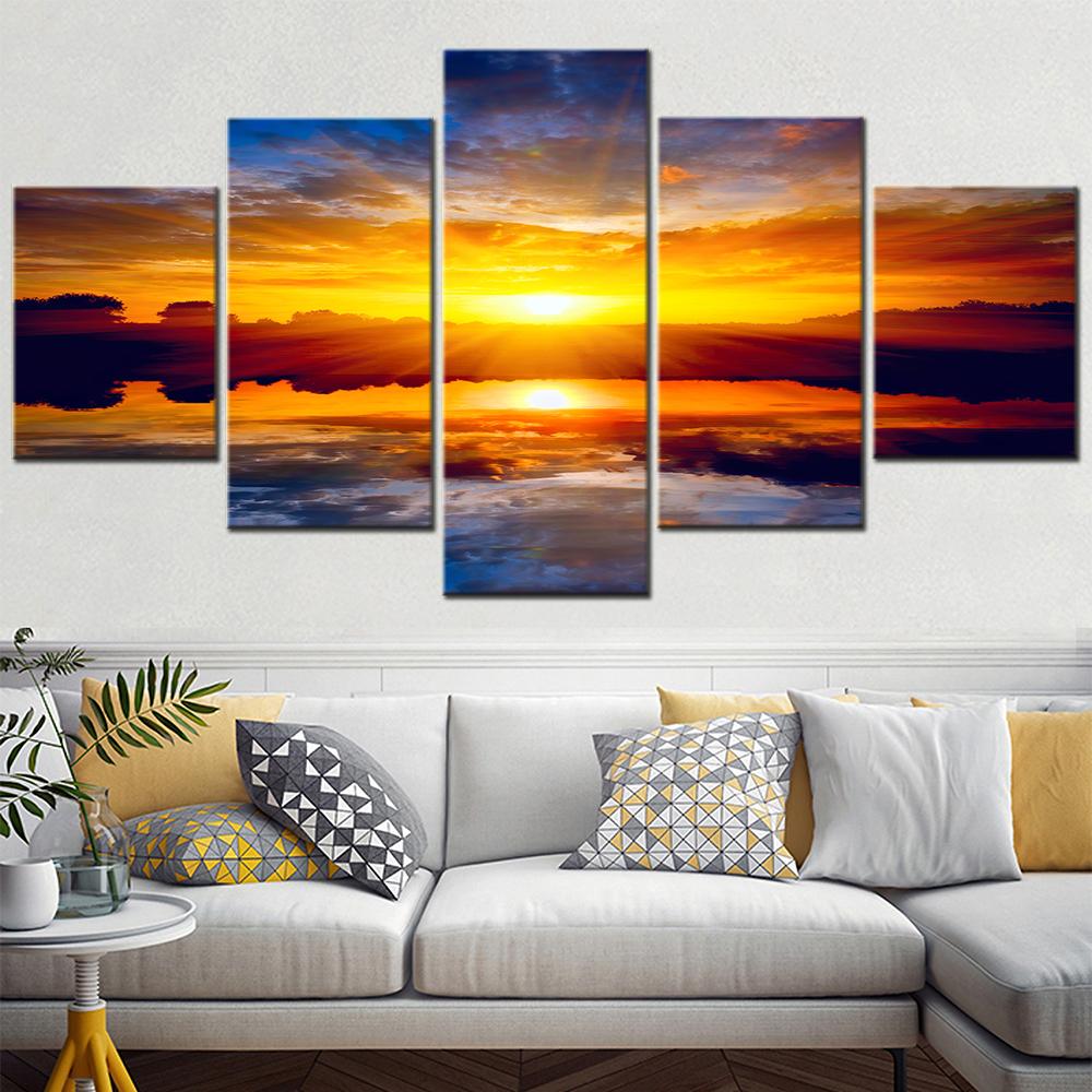 5 Panel Modular Wall Art Canvas Set Sunset Lake Reflection Painting Poster Modern Home Decoration Accessories  for Picture