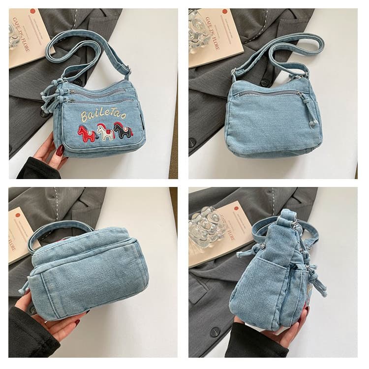 Borsa a tracolla da donna in denim con ricamo floreale