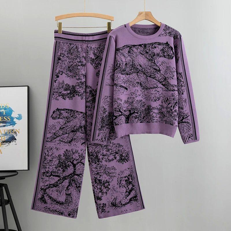 

Свитер Брючный костюм с широкими штанинами Принт тигра Европейский и американский Вязаный свитер Свободный костюм с широкими штанинами PURPLE One Size