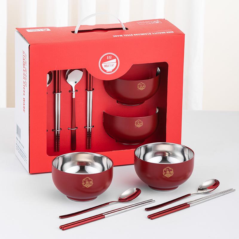 Red 304 Stainless Steel Bowl Set, Double-Layer, Anti-Scald, Heat Insulation - Available in Four or Six-Piece Sets.