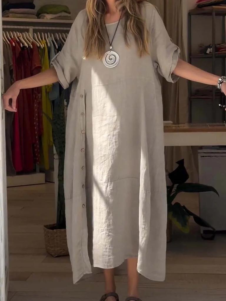 New Women's Summer Breeze Loose Casual Solid Color Short Sleeve Cotton Linen Dress