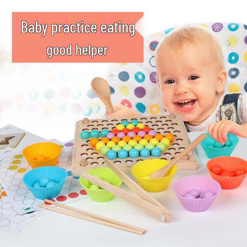 Wooden Children's Bead Puzzle Game Tweezers - Fun Hand-Eye Coordination Toy for Early Education