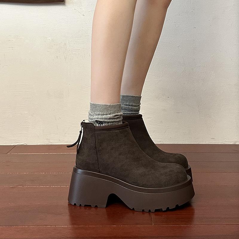 Brown thick-soled thick-heeled cotton shoes women's winter velvet thickened small short boots waterproof and non-slip snow boots