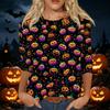 Women's Halloween Print 3/4 Sleeve Shirt Round Neck Loose Casual Top T-Shirt Suitable for Everyday Wear and Seasonal Events